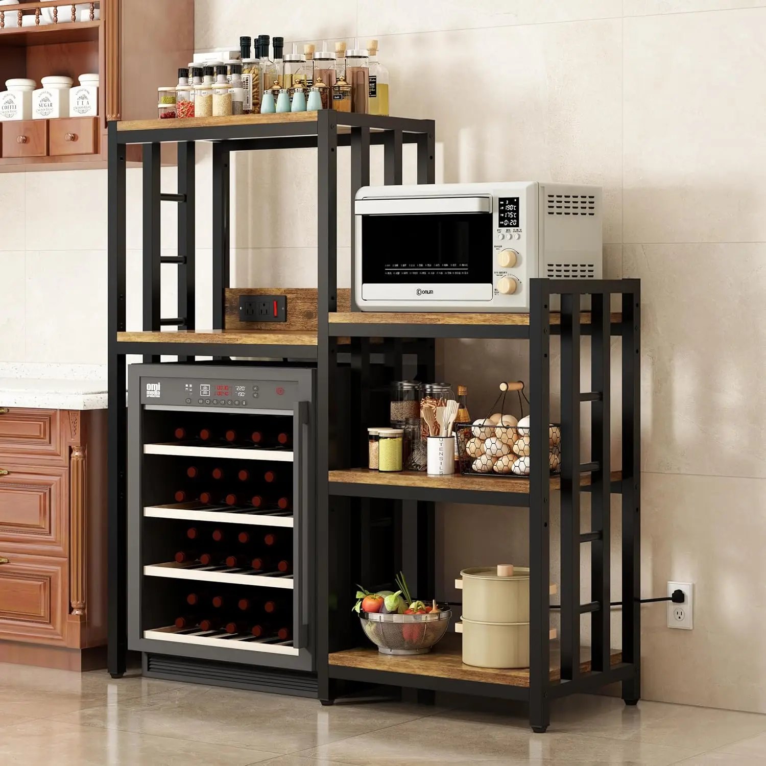 Kitchen Baker - 6段キッチンベーカーラック電源コンセント付き電子レンジスタンド収納棚キッチンリビングルームオフィスミニ冷蔵庫スタンドスパイスポットP