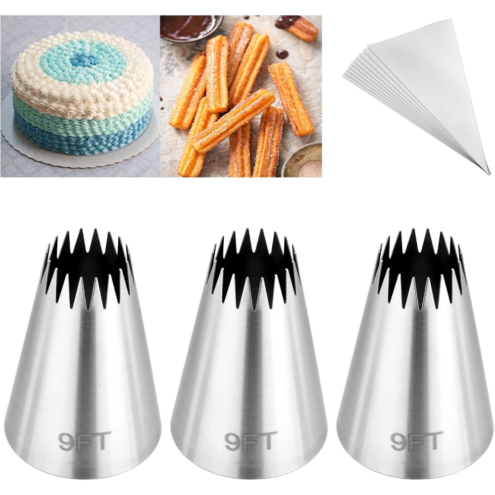 Piping Bag Disposable - 3個入り絞り袋と口金セット、ステンレス製9フィートアイシングチップセット（使い捨て絞り袋10個付き）、オープンスターペストリーチップ