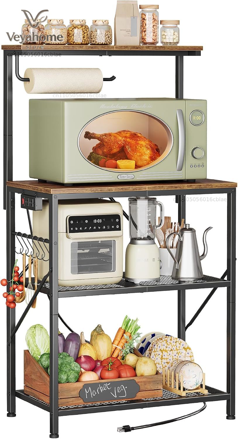 Kitchen Baker - Huuger 4段ベーカーズラック、リバーシブル電源コンセント付き、23.6インチ電子レンジスタンド、キッチンコーヒーバー