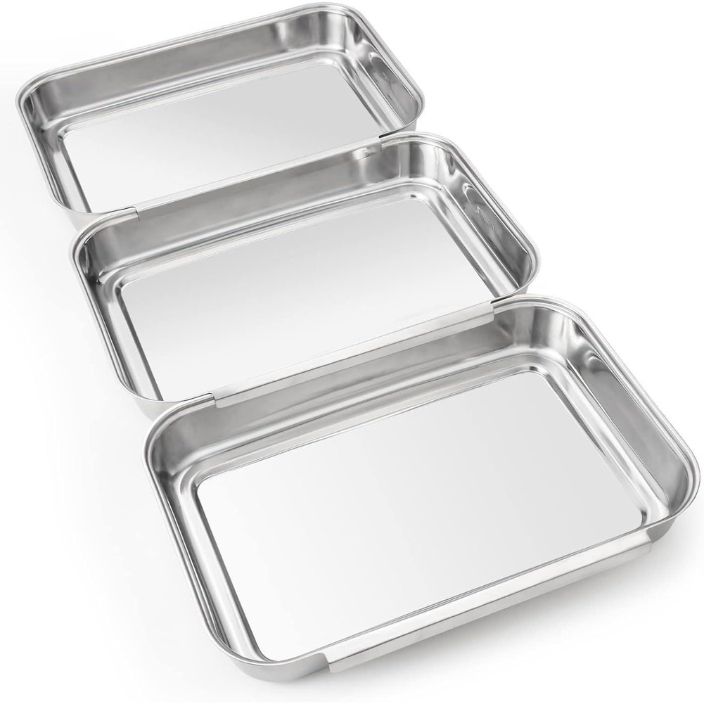 Kitchen Baking Station - 3個セット ステンレス製調味料トレイセット 正方形フードサービングプレート パン粉付けステーション パン焼き キッチンベーキングツール